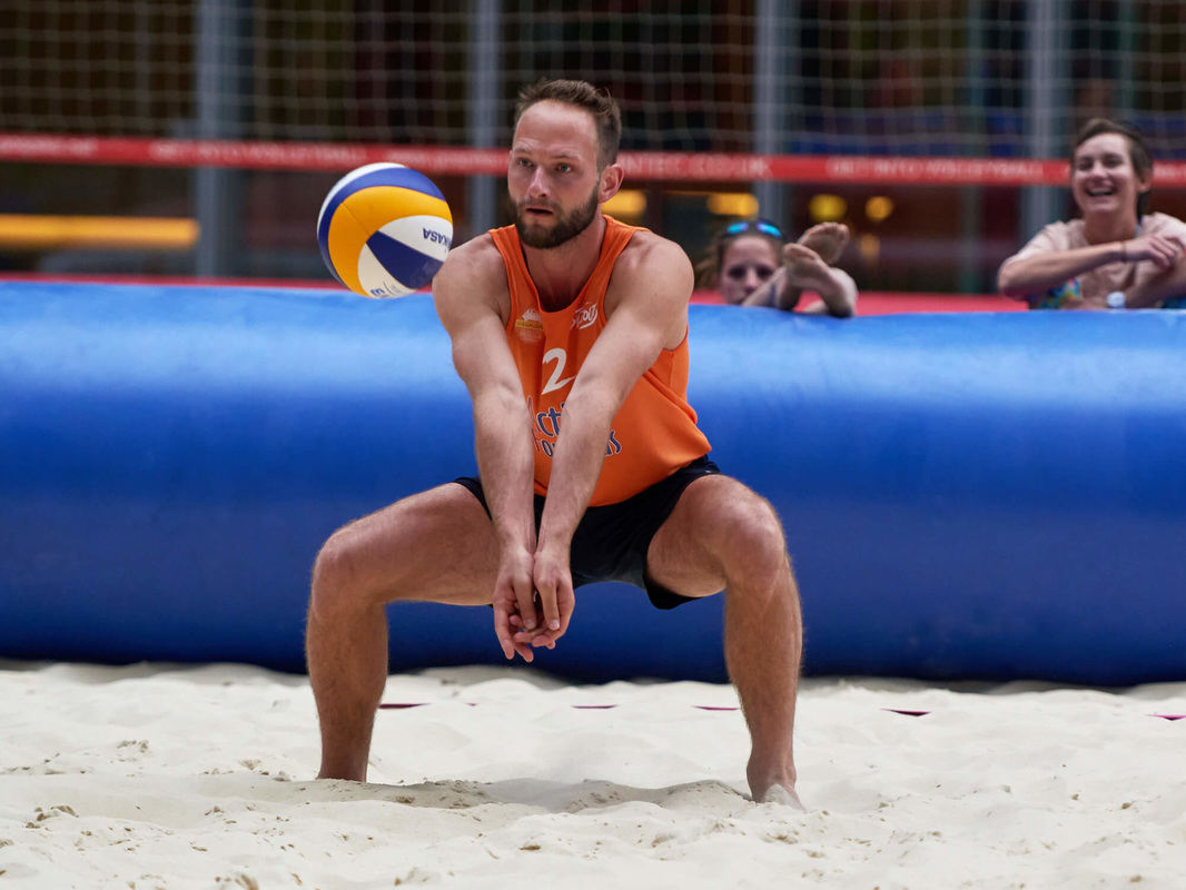 Osteopath Christoph Datler competes successfully at the national beach volleyball tour, here in London Canary Wharf